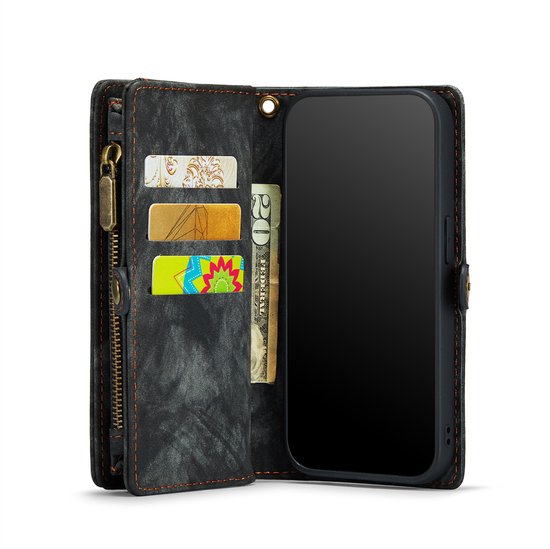Zwarte portemonnee hoes voor iPhone 12 Pro Max, met ritsvak en kaarthouders.