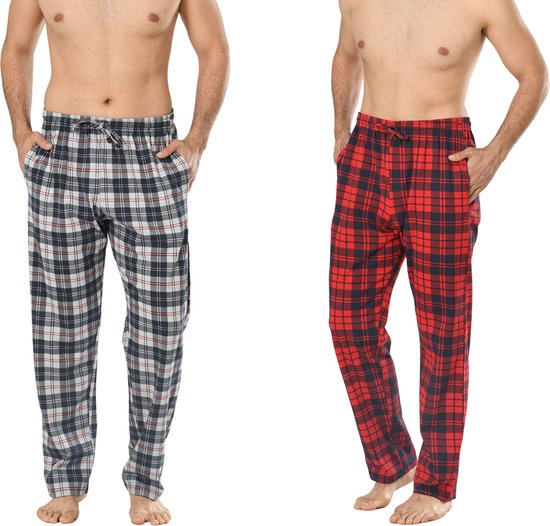 Pyjamas Hommes - Pantalons - 2 Pack - Bleu Marine / Rouge à Carreaux - M - Pyjamas Hommes Adultes - Pantalons Pyjama Hommes - Pantalons Pyjama Hommes