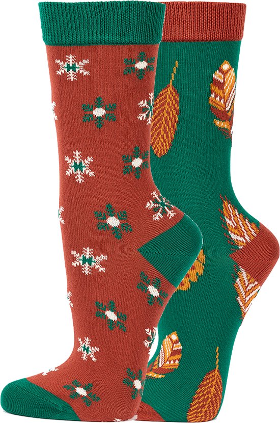 Veraluna sokken set - Biologisch katoen - maat 43-46 - groen met blaadjes - rood met sneeuwsterren