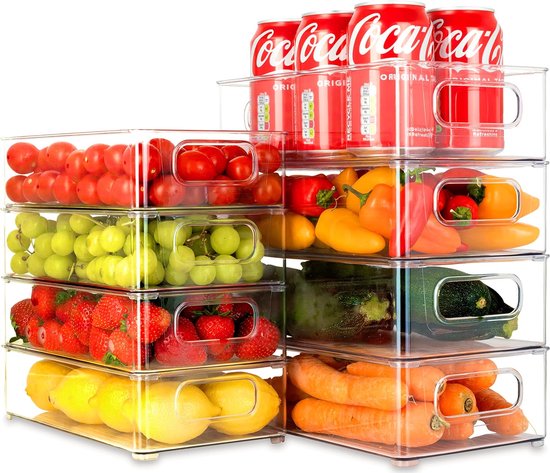 Unique Impression Set van stapelbare koelkastorganisatoren - doorzichtige opslagcontainers met handgrepen - organizerdozen voor koelkast, kast, voorraadkast, snacks, blikjes, keuken
