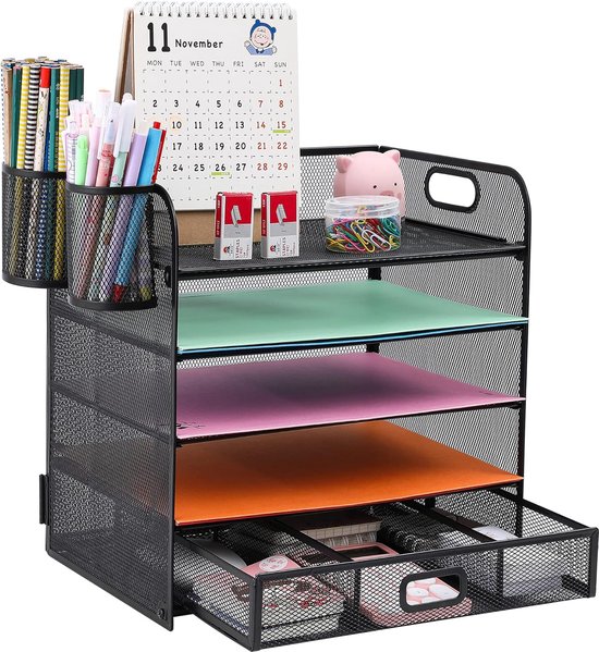 Organiseur De Bureau 6 Niveaux En Métal Maillé Noir – Pour Papiers, Livres, Factures – Gain De Place