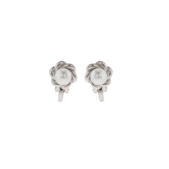 Behave Clip oorbellen - kleine oorclips - zilver kleur - bloemetje - met parel - 1 cm