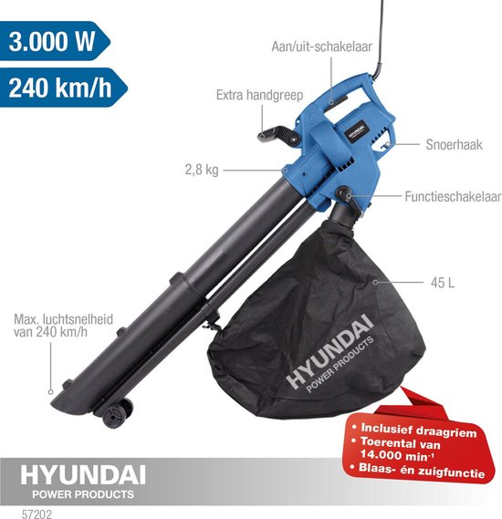 HYUNDAI homeline 3-in-1 bladblazer electrisch 3000W - Bladzuiger met Versnipperaar- incl. 45 liter opvangzak van Merkloos	 — afbeelding 4