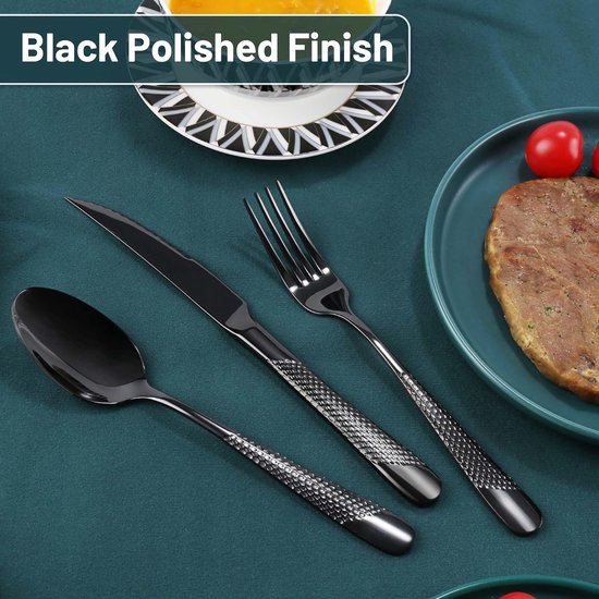 Black Premium bestekset voor 6 personen, 30-delige unieke gehamerd roestvrij stalen bestekset met steakmes, tafelvorken, slavorken, eetlepels, dessertlepel, vaatwasmachinebestendig van Black Satin. — afbeelding 5