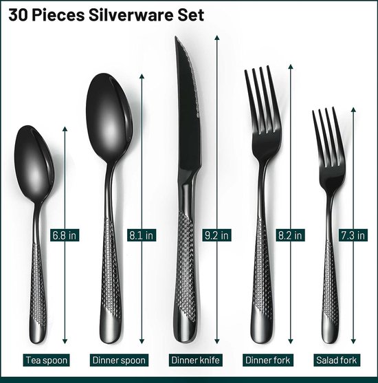 Black Premium bestekset voor 6 personen, 30-delige unieke gehamerd roestvrij stalen bestekset met steakmes, tafelvorken, slavorken, eetlepels, dessertlepel, vaatwasmachinebestendig van Black Satin. — afbeelding 4