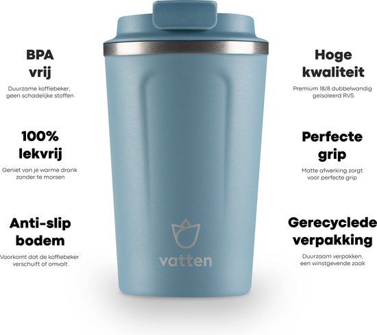 Vatten® Premium RVS Koffiebeker To Go - Lichtblauw - 380ml - Thermosbeker - Theebeker - Vatten