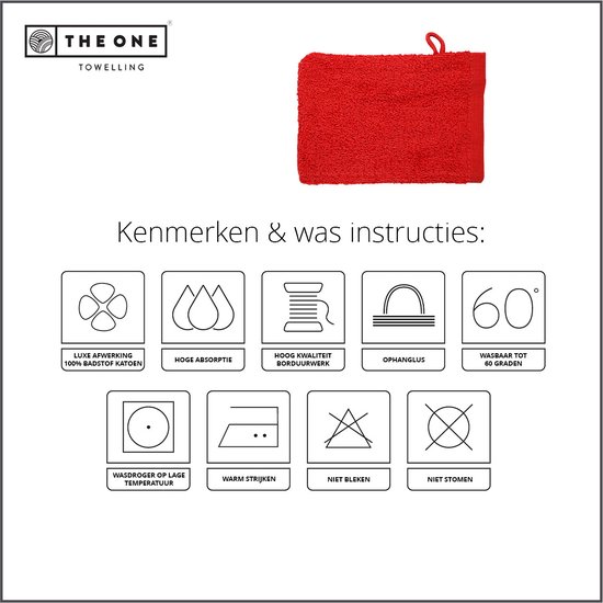 Rood badstof washandje met wasinstructies.