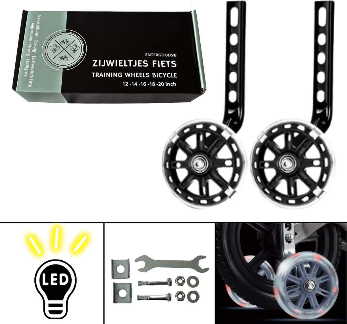 Entergoods® - Zijwieltjes - 12-20 Inch - Zijwieltjes met LED lichtjes - Zijwieltjes voor Kinderfiets - Zwart - 12 inch/14 inch/16 inch/18 inch/20 inch - Zijwielen - Kinderfietsaccessoires - Universeel - Zijwielen met Lampjes - Verlichting Kinderfiets