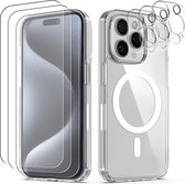 Podec Magsafe Hoesje Geschikt voor iPhone 15 Pro - Met 3x Screenprotector + 3x Cameraprotector - Magnetisch met Ring Doorzichtig - Telefoonhoesje Transparant Case
