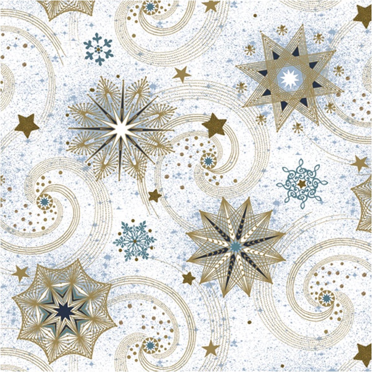 Daisy kerst thema servetten - 20x st - 33 x 33 cm - sneeuwvlokken - goud/turquoise