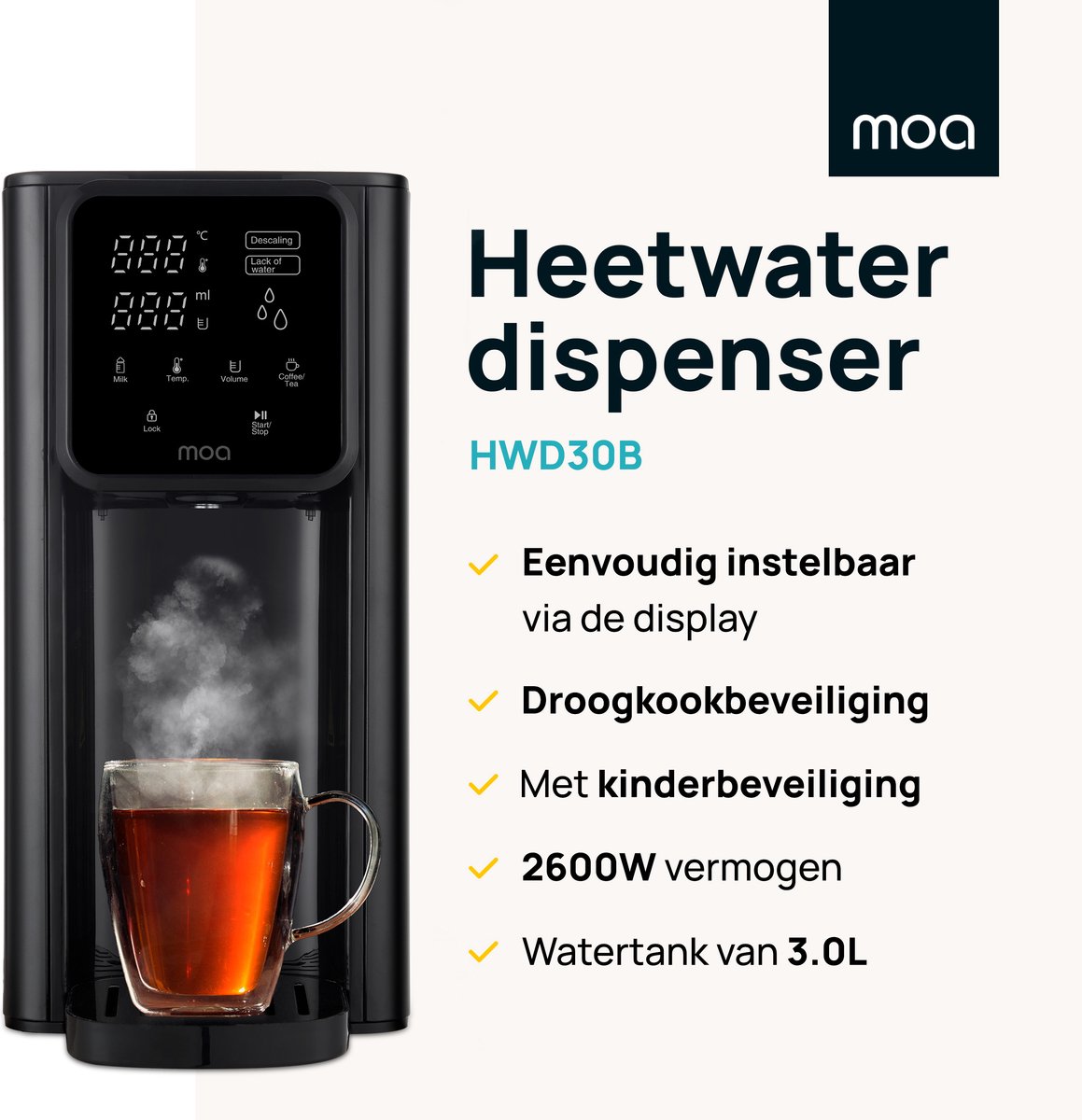MOA Heetwaterdispenser 3L met Temperatuurregeling - Instant Waterkoker - BPA en PFAS Vrij - 45-100°C - Melkfunctie - Heetwatertap - BPA-vrij - Zwart — afbeelding 2