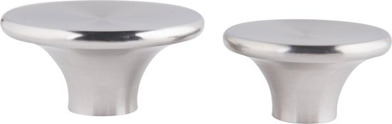 Twee zilverkleurige, ronde metalen knoppen met een conische voet, de ene groter dan de andere.