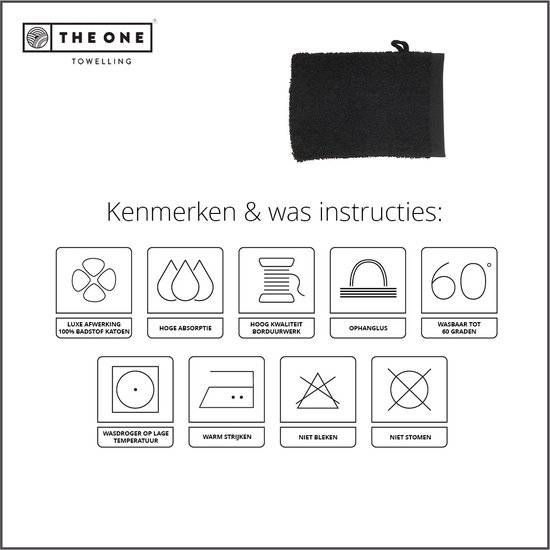 Pictogrammen voor wasinstructies: 100% badstof, hoge absorptie, borduurwerk, oﬀ-hanglus, 60° wasbaar, lage temperatuur drogen, warm strijken, niet bleken, niet stomen.