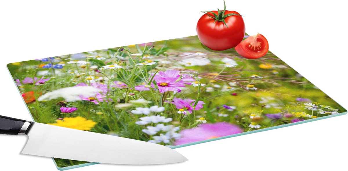 Glazen Snijplank - 39x28 - Bloemen - Natuur - Groen - Gras - Paars - Wit - Snijplanken Glas