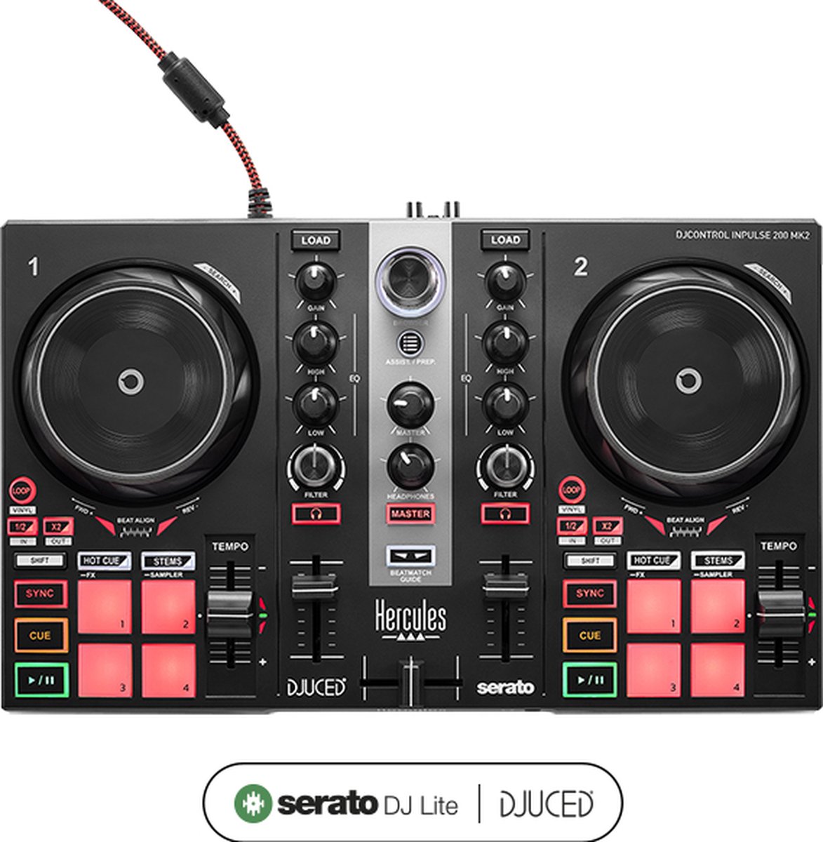 Hercules DJControl Inpulse 200 MK2 - DJ Controller - Mix met Serato DJ Lite en DJUCED - Met functies om te leren mixen en scratchen - Scheid tracks in stems om mashups te maken - 2 jogwielen, 2 x 4 pads met 4 modi (Hot Cue, Stems, FX, Sampler) - Hercules