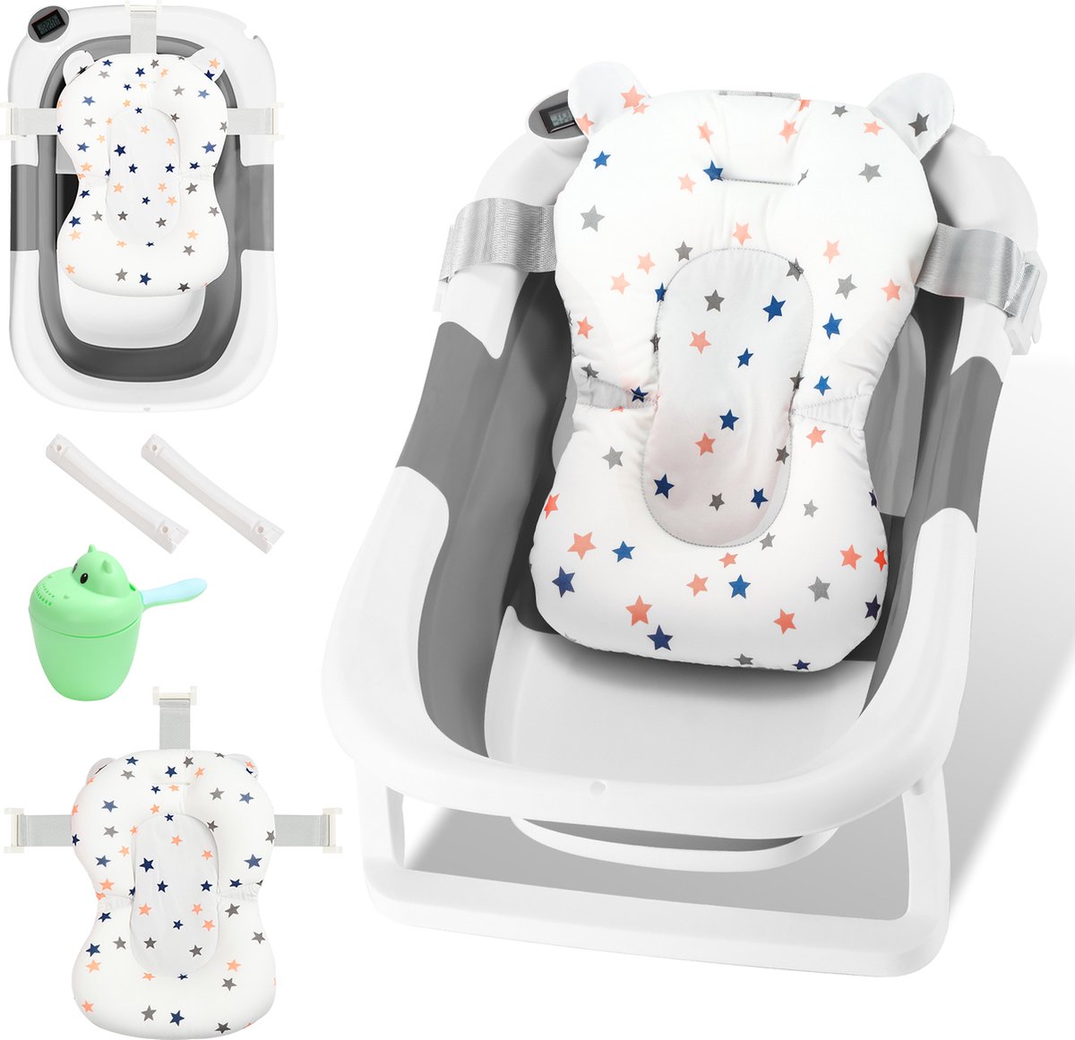 Goedkoopste Opvouwbaar Baby Bad - Babybadje met Digitale Thermometer - Kinderbad - Incl Badkussen - Grijs