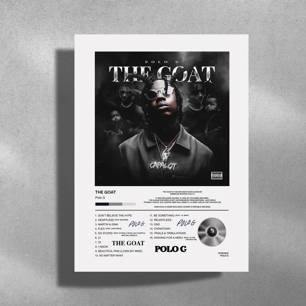 Luxe poster Polo G - The Goat - Metalen Poster 30x40cm Zwart