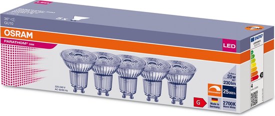 Boîte 5 pièces Osram LED GU10 3,4W/927 36º 230lm dimmable Ø5cm Cri90