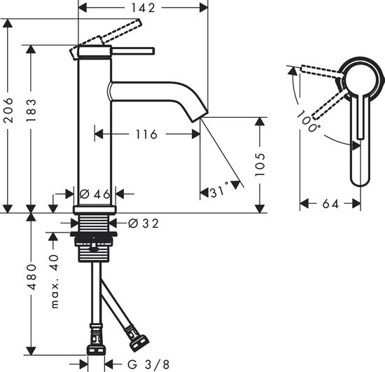 Technische tekening van een wastafelkraan met afmetingen in millimeters.