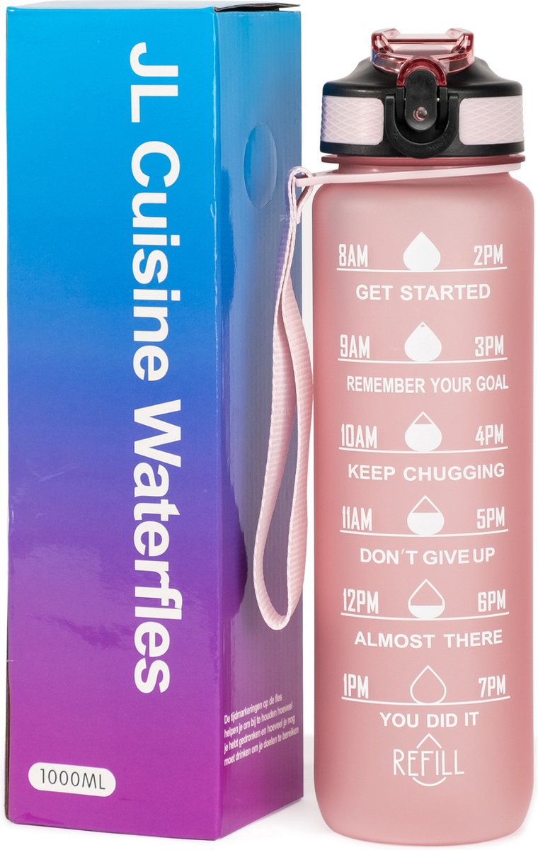 Motivatie Waterfles Rosé - 1 Liter Drinkfles - Waterfles met Rietje - Waterfles met tijdmarkering - BPA Vrij - Volwassenen - Drinkfles Kinderen