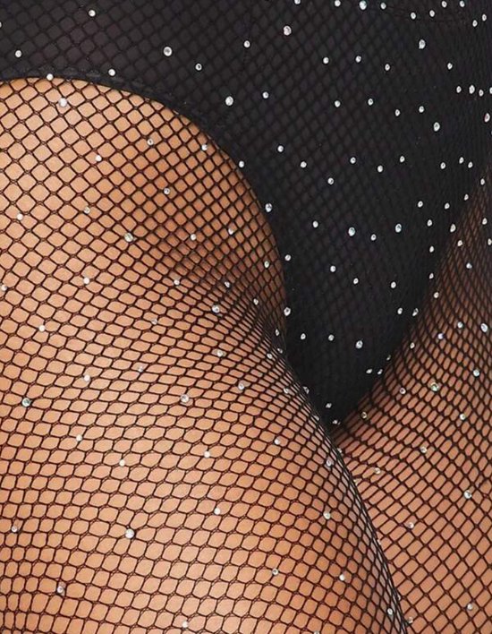 Visnet Panty Zwart Glitter | Dames | Unisize | Glitter & Glamour | Strass steentjes | Carnaval Outfit | Visgraat panty | Fishnet Stockings | Visnetten kousen | Carnavalskleding | Kamping Kitch | Foute Party | Verkleden | 80s | Disco | Festival