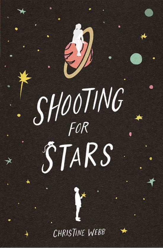Boekomslag met de titel 'SHOOTING FOR STARS'. Zwarte achtergrond met gekleurde sterren, een planeet en twee silhouetten.