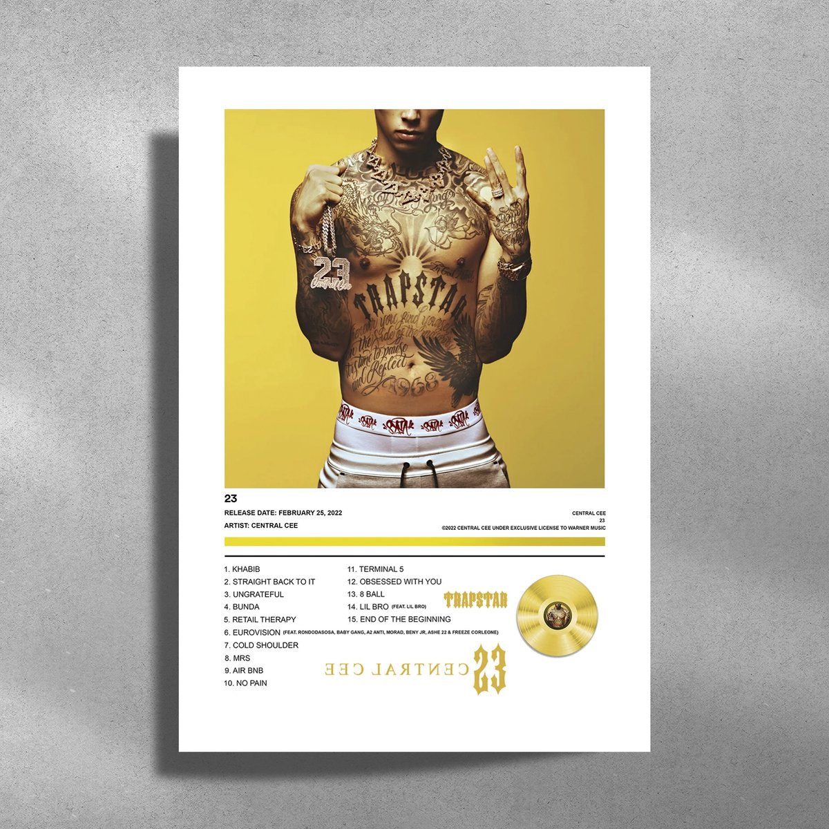 Luxe poster Central Cee - 23 - Metalen Poster 30x40cm - album cover geel