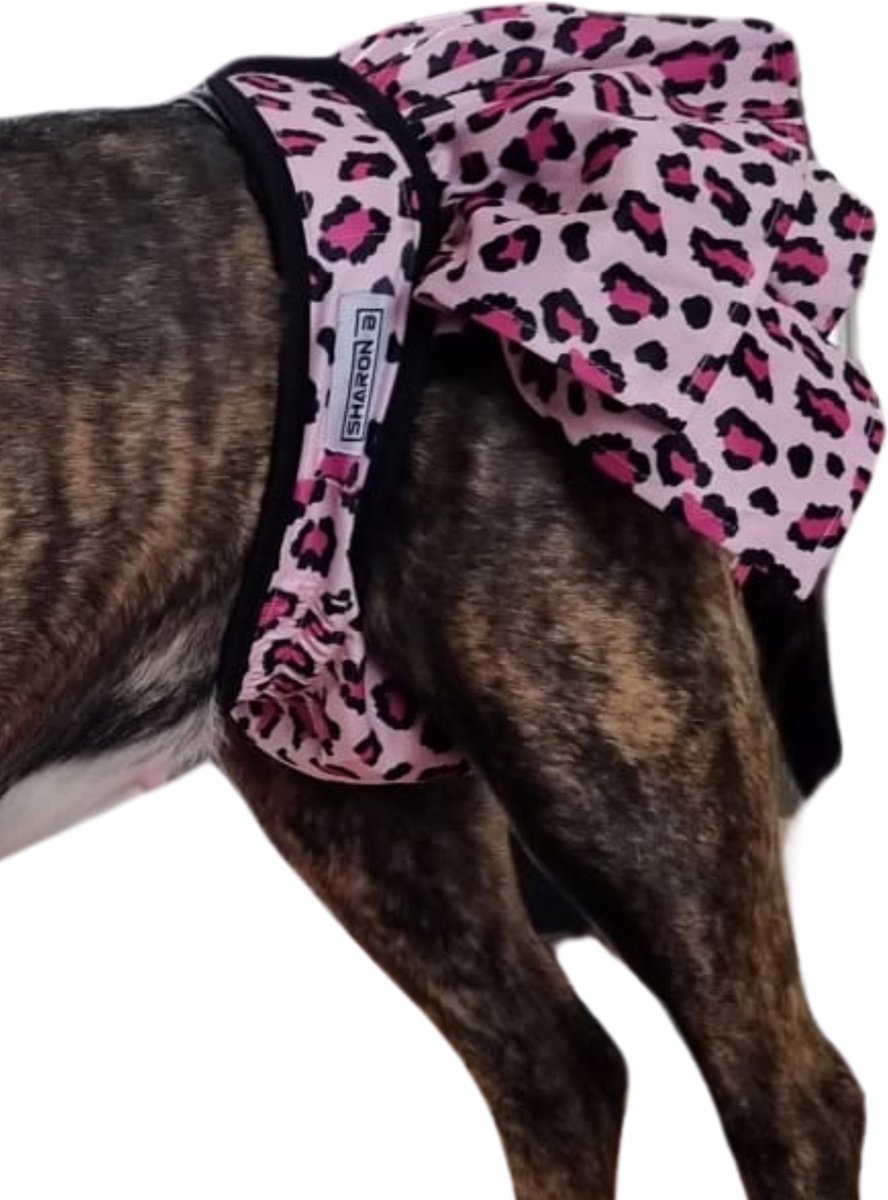 Loopsheidrokje Luipaard roze - Maat L - Loopsheidbroekje - Voor loopse honden - Hondenluier - Herbruikbaar - Wasbaar - Uniek rokjes model voor stijlvolle loopse teefjes - Taille omvang: 36-36 cm