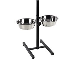 Voerbak hond – Duo Dinner Staander Otis Zilver & Zwart 2x2,5L – verstelbare eet- en drinkpot met inox kommen