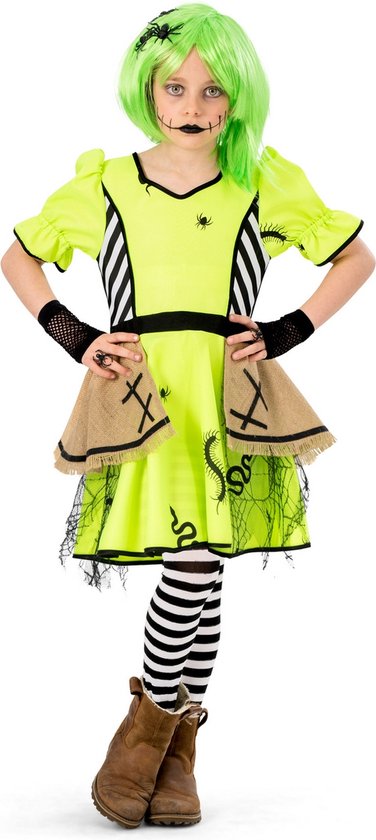 Funny Fashion - Heks & Spider Lady & Voodoo & Duistere Religie Kostuum - Kriebelbeestjes Heks Bugs - Meisje - Geel - Maat 116 - Carnavalskleding - Verkleedkleding