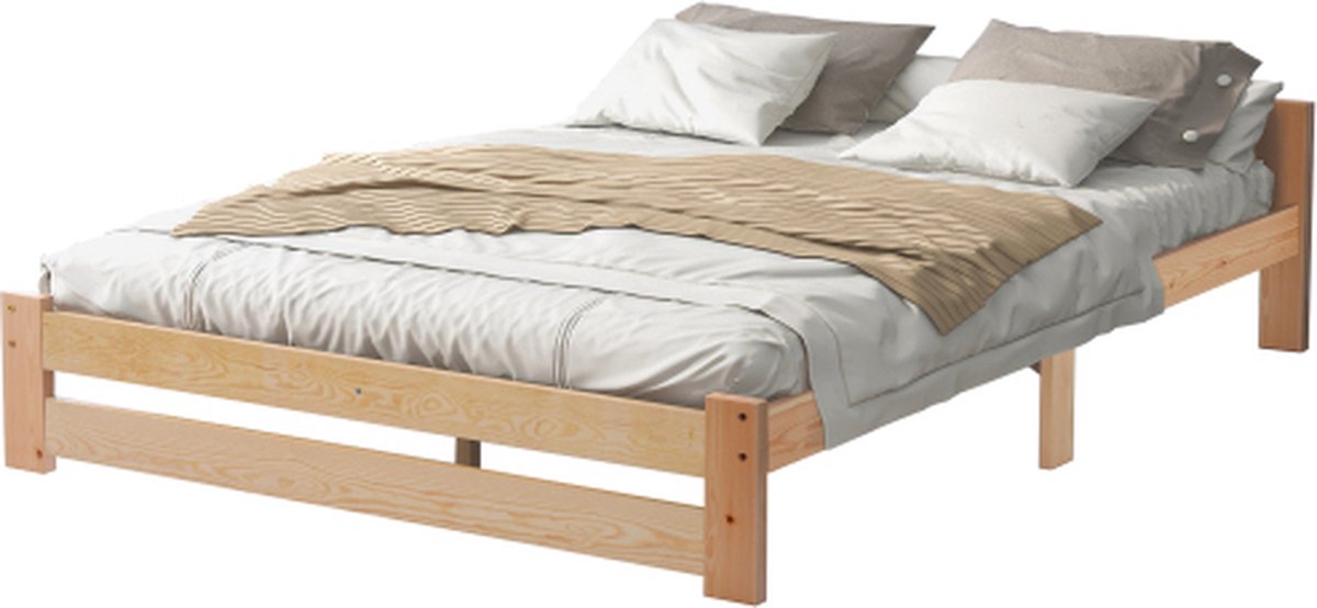Massief massief houten bed futonbed massief houten naturel bed met hoofdeinde en lattenbodem, naturel (200x140cm)
