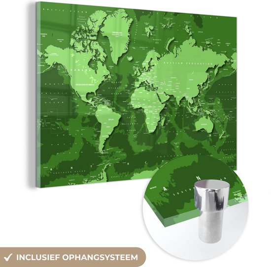 Stoere wereldkaart met veel groentinten Plexiglas
