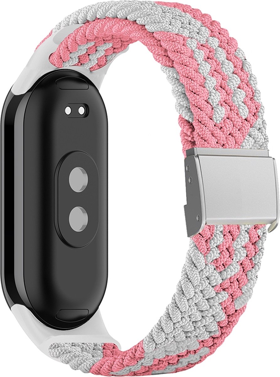 By Qubix - Braided nylon bandje - Roze met wit - Geschikt voor Xiaomi Smart Band 8 / 9 / 10