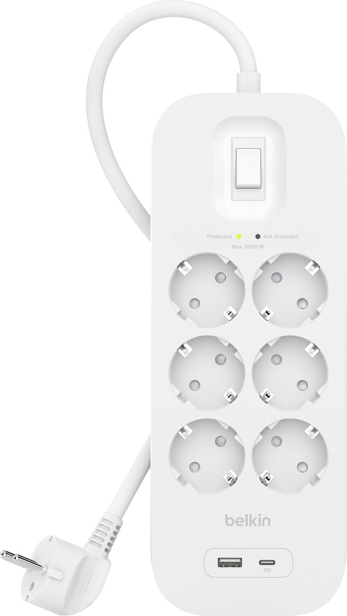 Belkin Spanningsbeveiliger met 6 stopcontacten Wit 2M (USB-C+USB-A) Belgisch gebruik