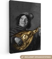 Schilderij op canvas - Portret - Goud - De luitspeler - Kunstgeschiedenis - Frans Hals - Woonkamer - 90x140 cm - Kamer decoratie