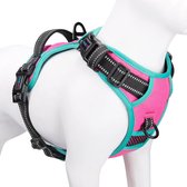 Upgraded No Pull Dog Harness, Reflective Adjustable Vest with Training Handle + 2 Metal Leash Hooks + 3 Snap Buckles + 4 Sliding Buckles (L, Rose)