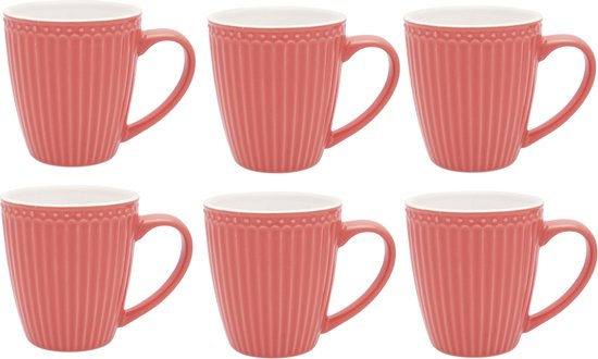 GreenGate Koffiemokken Alice Coral 350 ml - Set van 6 Stuks - Koraal kleurig