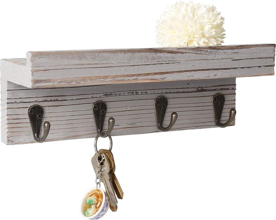Minisleutelrek, houten sleutelhouder, sleutelplank/sleutelorganizer/haakrek met plank, wandorganizer met 4 metalen haken (grijs)