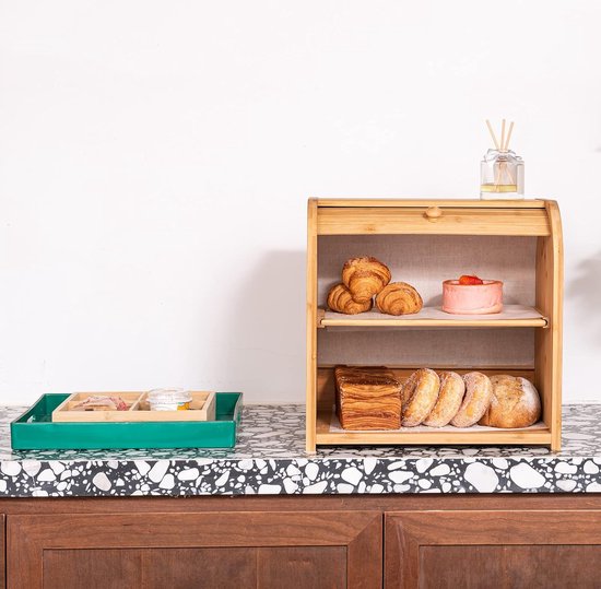 Boîte à pain en Bamboo pour comptoir de Kitchen : 2 couches de stockage de pain de grande capacité, style ferme rustique, porte coulissante Flexible , DIY