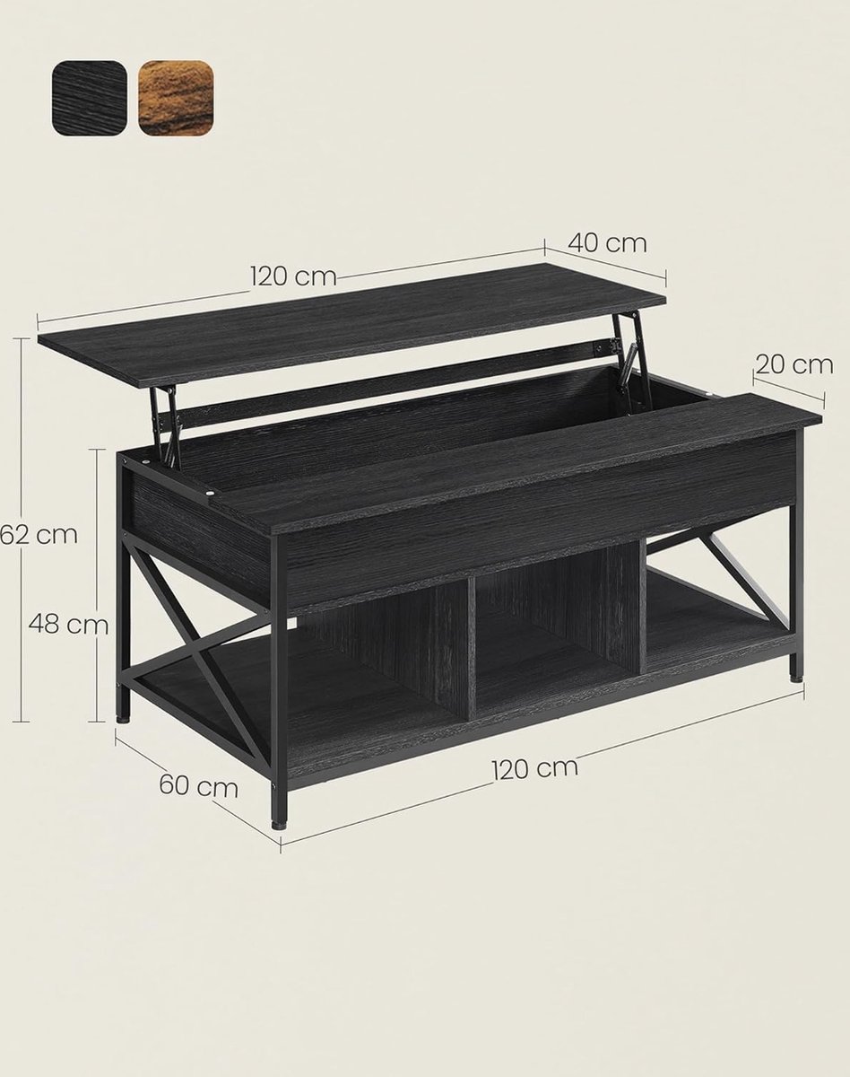 VASAGLE Koffietafel, salontafel met hefblad voor in de woonkamer, koffietafel met open en verborgen opbergruimte, X-vormige stangen, 60 x 100 x (48-62) cm, LCT205K50