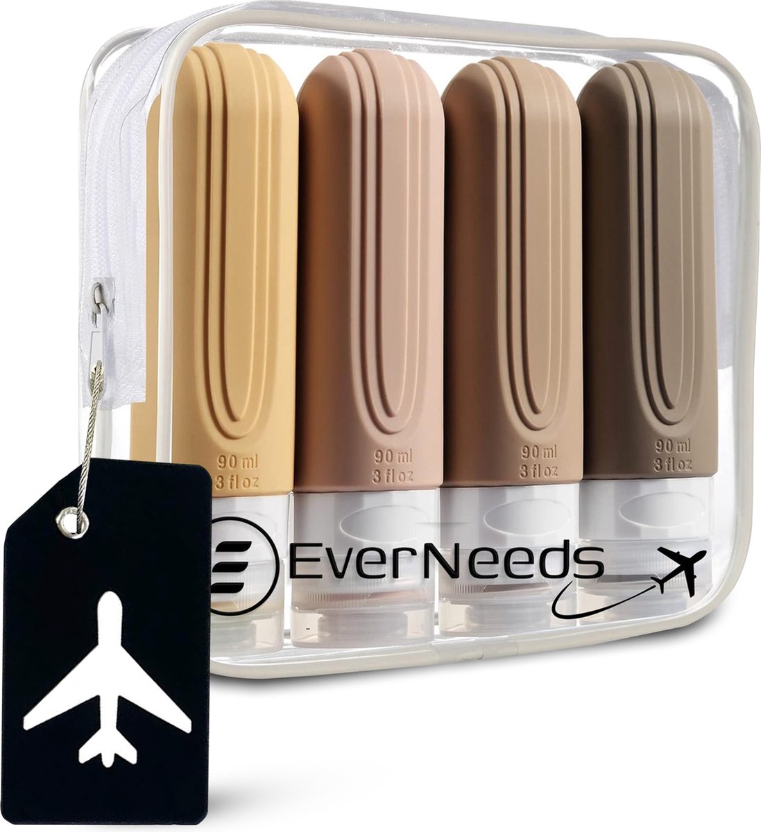 EverNeeds Reisflesjes Met Etui - Navulbaar - Siliconen Reisflesjes Handbagage - Licht Apricot - 4 Stuks