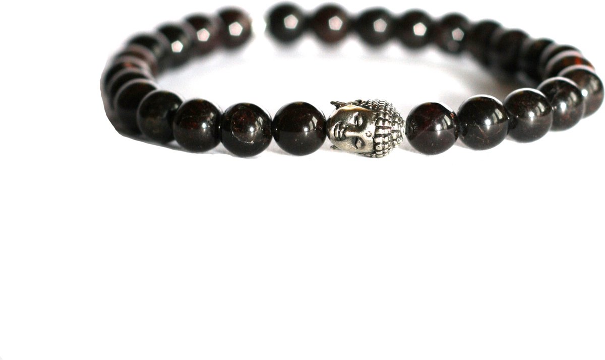 IbizaMen - heren kralen armband - Granaat natuursteen 8mm - Buddha RVS - 21cm