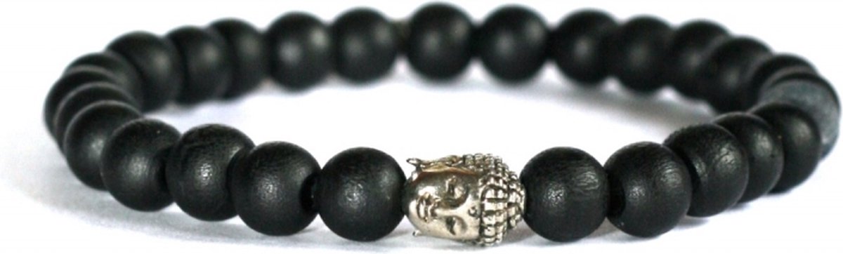 IbizaMen - heren armband zwart hout met buddha RVS - 21cm