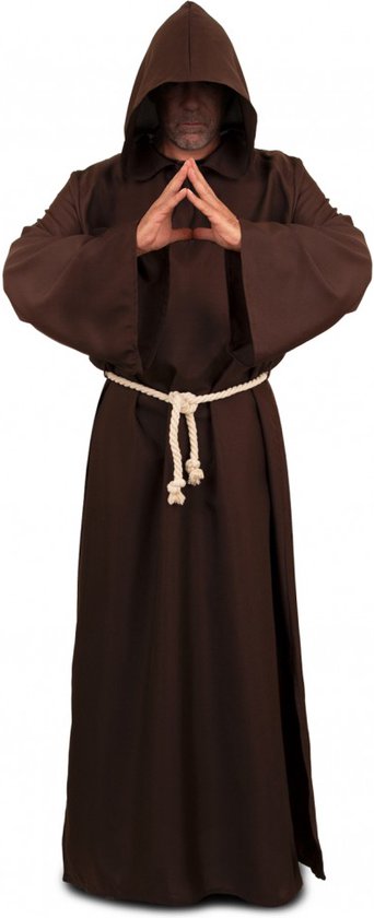 KIMU Costume de Moine - Taille SML - Robe Marron Foncé - Longue Cape Abbey Beer Brewer Suit Monastère Grande Capuche Horreur Le Moyen-Âge