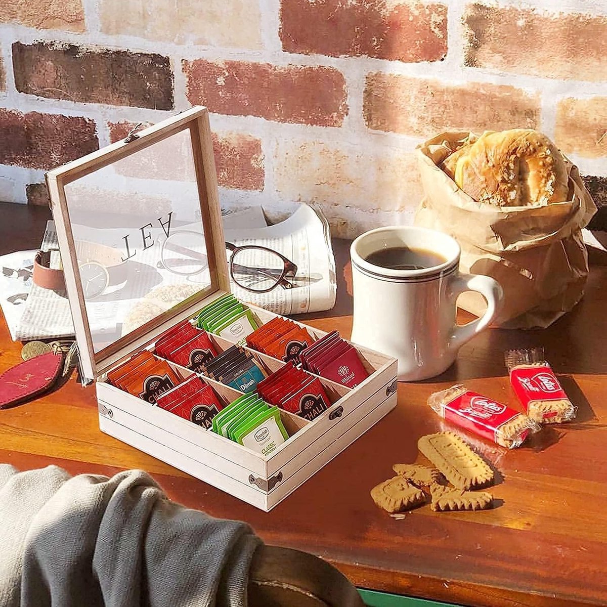 Boîte à thé 9 compartiments avec fenêtre, sachet de thé, boîte de