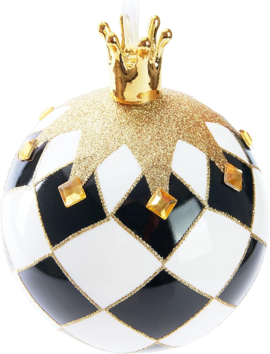 BRUBAKER Premium Kerstballen Schaakkoning - 3,9 Inch (10 Cm) Glazen Boombal Met Schaakbordpatroon - Kerstboom Kerstballen Met Porseleinen Figuur Kroon Goud - Handgeschilderde Kerstbal