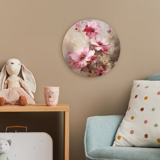 WallCircle - Wandcirkel bloemen olieverf 30x30 cm - Roze ronde schilderijen woonkamer - Wandbord kleurrijk rond - Muurdecoratie abstracte kunst - Kamer accessoires binnen - Roze decoratie - Wanddecoratie muurcirkel - Woonaccessoires