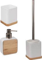 Badkamer/toilet accessoires set 3-delig - wit - bamboe - WC-borstel/tandenborstelhouder/zeeppompje