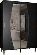 Zweefdeurkast met spiegel Kledingkast met 2 schuifdeuren Garderobekast slaapkamerkast Kledingstang met planken | elegante kledingkast, glamoureuze stijl (LxHxP): 150x208x62 cm - CAPS ELY (Zwart, 150 cm)
