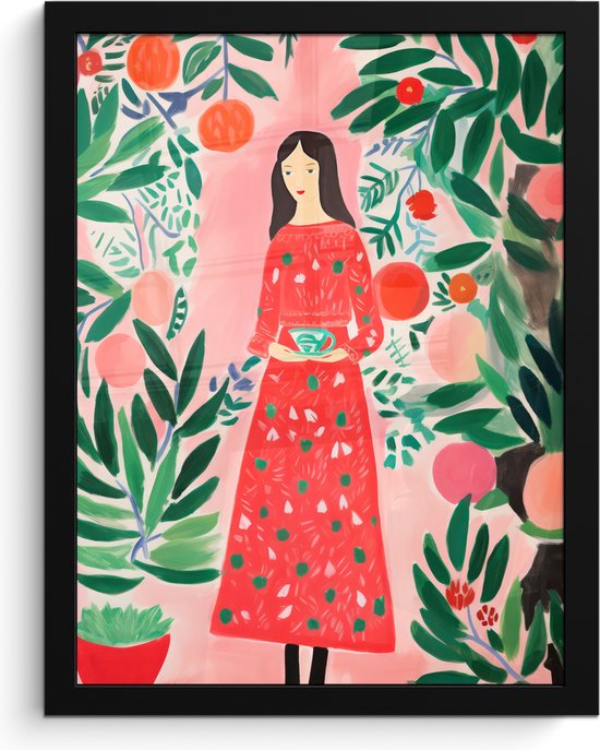 Poster in lijst - Fotolijst 30x40 cm - Posters - Kerstmis - Vrouw - Planten - Groen - Rood - Posterlijst zwart - Decoratie - Wanddecoratie woonkamer - Muurdecoratie slaapkamer - Kerstversiering - Kerstdecoratie voor binnen - Kerstmis